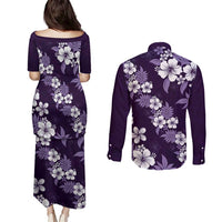 Hawaiian Hibiscus Tribal Floral Purple Couples Matching Puletasi and Long Sleeve Button Shirt Polynesian Tapa Pattern - Polynesian Pride