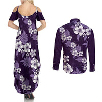 Hawaiian Hibiscus Tribal Floral Purple Couples Matching Summer Maxi Dress and Long Sleeve Button Shirt Polynesian Tapa Pattern - Polynesian Pride