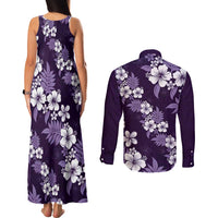 Hawaiian Hibiscus Tribal Floral Purple Couples Matching Tank Maxi Dress and Long Sleeve Button Shirt Polynesian Tapa Pattern - Polynesian Pride