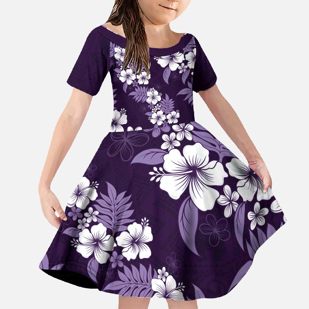 Hawaiian Hibiscus Tribal Floral Purple Family Matching Off The Shoulder Long Sleeve Dress and Hawaiian Shirt Polynesian Tapa Pattern LT01 Daughter's Dress Purple - Polynesian Pride