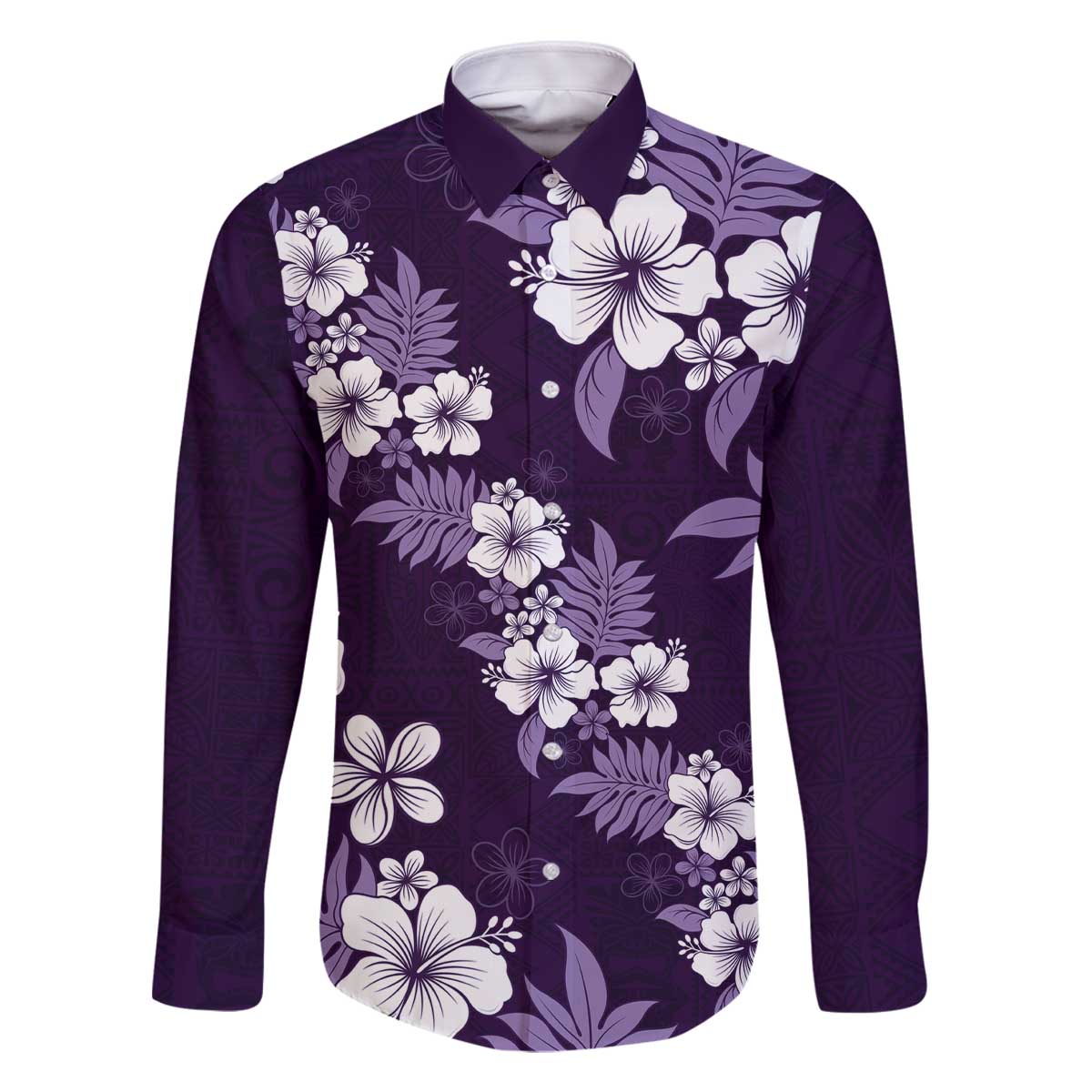 Hawaiian Hibiscus Tribal Floral Purple Family Matching Off The Shoulder Long Sleeve Dress and Hawaiian Shirt Polynesian Tapa Pattern LT01 Dad's Shirt - Long Sleeve Purple - Polynesian Pride
