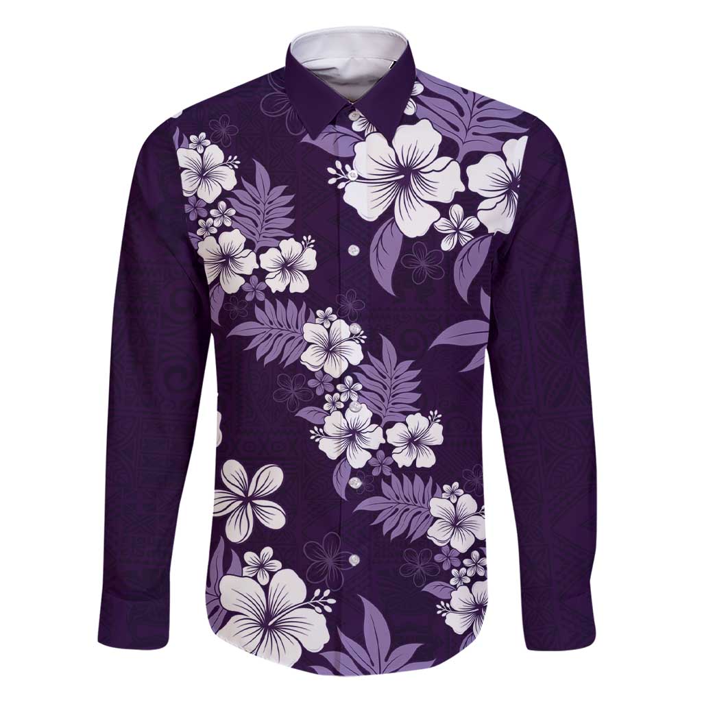 Hawaiian Hibiscus Tribal Floral Purple Family Matching Short Sleeve Bodycon Dress and Hawaiian Shirt Polynesian Tapa Pattern LT01 Dad's Shirt - Long Sleeve Purple - Polynesian Pride