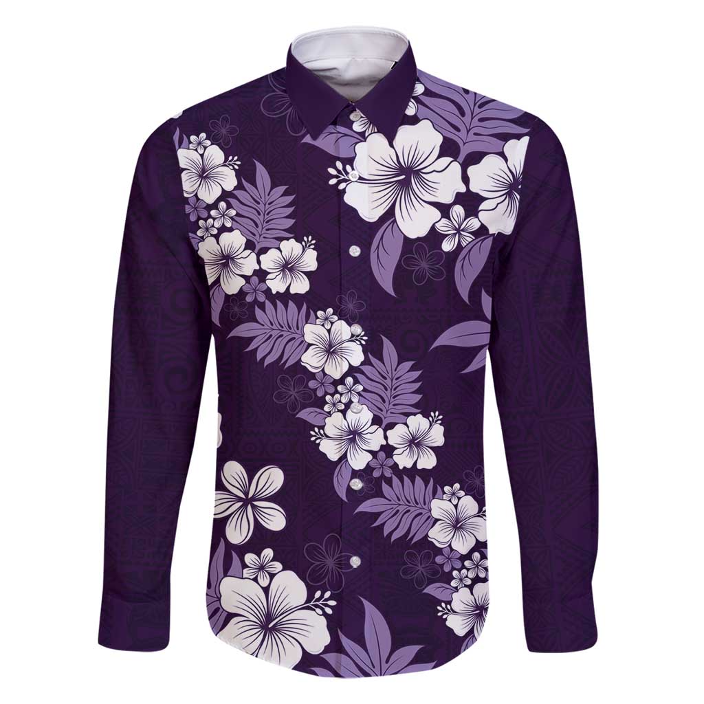 Hawaiian Hibiscus Tribal Floral Purple Family Matching Tank Maxi Dress and Hawaiian Shirt Polynesian Tapa Pattern LT01 Dad's Shirt - Long Sleeve Purple - Polynesian Pride