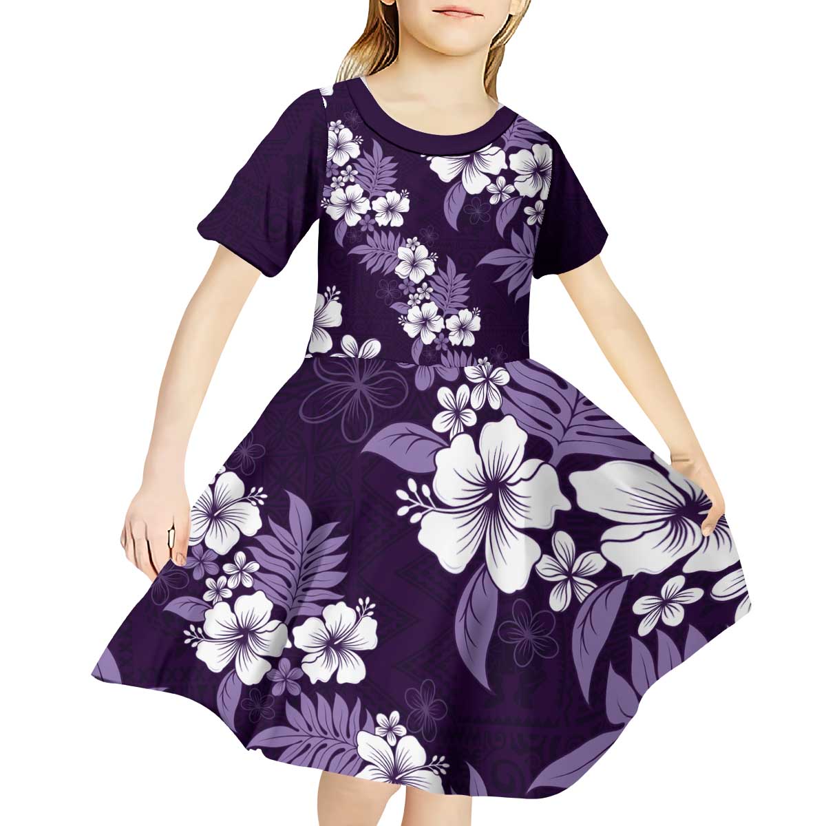 Hawaiian Hibiscus Tribal Floral Purple Kid Short Sleeve Dress Polynesian Tapa Pattern - Polynesian Pride