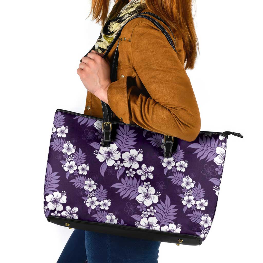 Hawaiian Hibiscus Tribal Floral Purple Leather Tote Bag Polynesian Tapa Pattern - Polynesian Pride