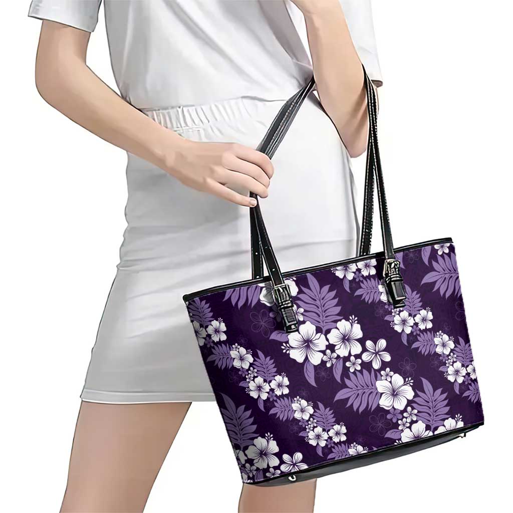 Hawaiian Hibiscus Tribal Floral Purple Leather Tote Bag Polynesian Tapa Pattern - Polynesian Pride