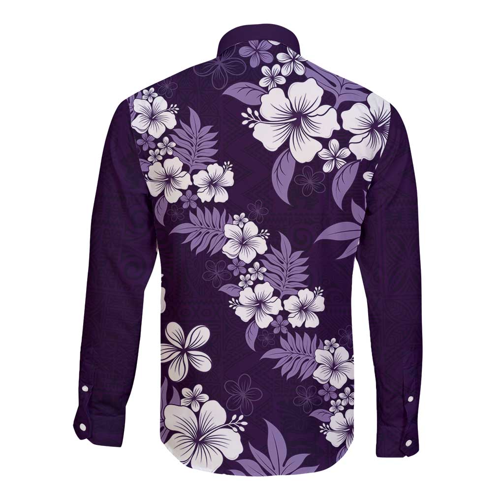 Hawaiian Hibiscus Tribal Floral Purple Long Sleeve Button Shirt Polynesian Tapa Pattern LT01 - Polynesian Pride