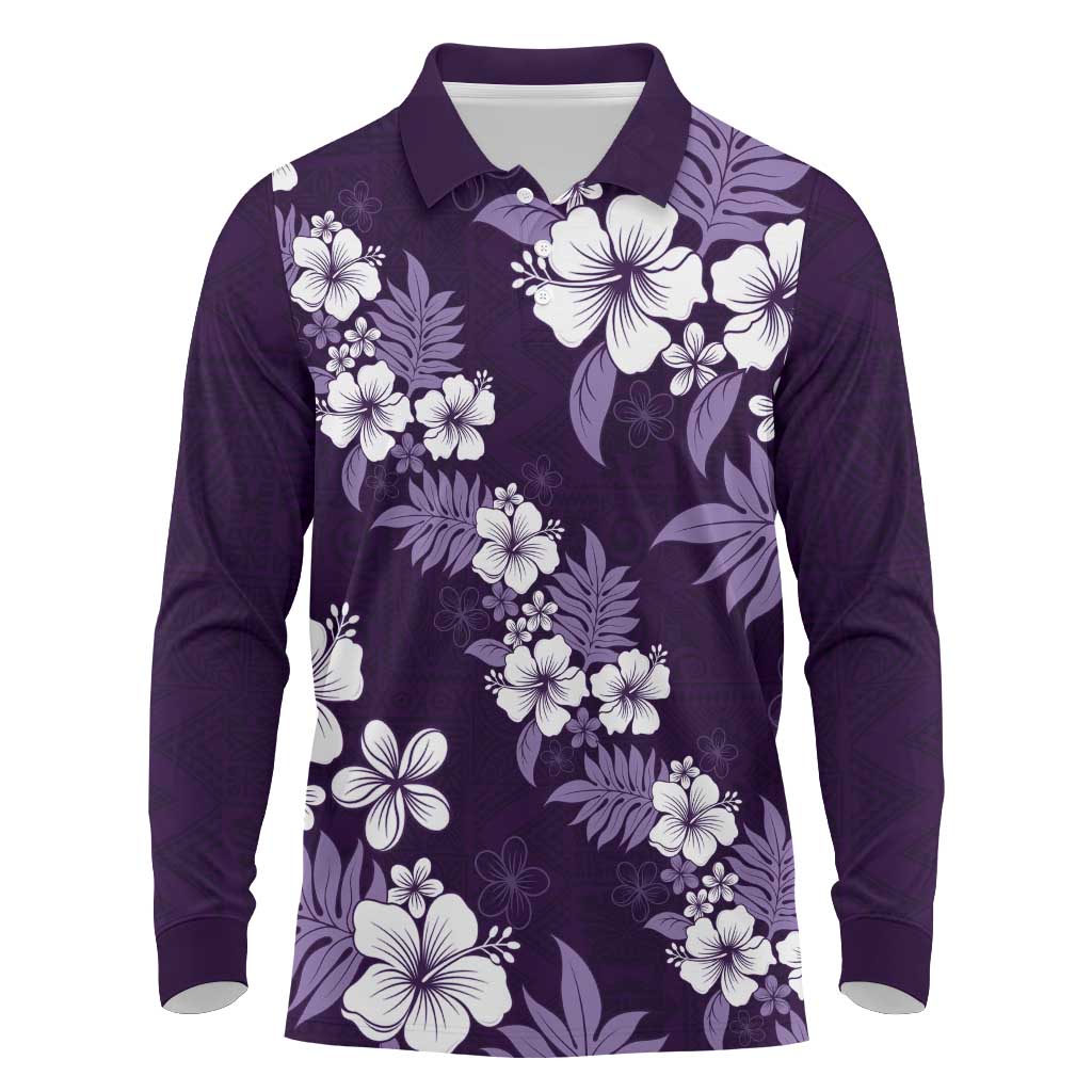 Hawaiian Hibiscus Tribal Floral Purple Long Sleeve Polo Shirt Polynesian Tapa Pattern LT01 Purple - Polynesian Pride