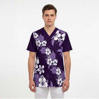 Hawaiian Hibiscus Tribal Floral Purple Scrub Top Polynesian Tapa Pattern - Polynesian Pride