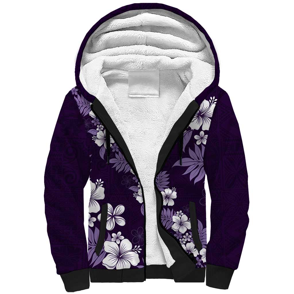 Hawaiian Hibiscus Tribal Floral Purple Sherpa Hoodie Polynesian Tapa Pattern LT01 Unisex Purple - Polynesian Pride