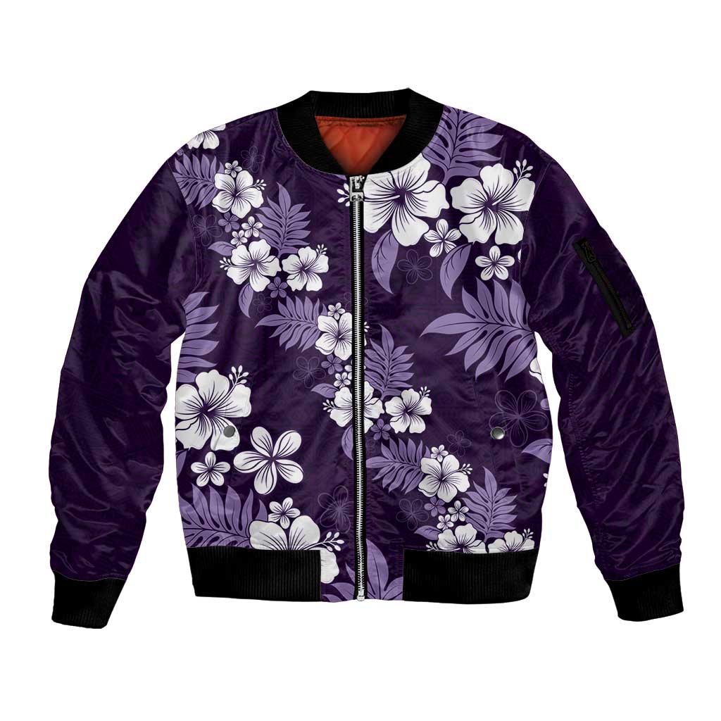 Hawaiian Hibiscus Tribal Floral Purple Sleeve Zip Bomber Jacket Polynesian Tapa Pattern - Polynesian Pride