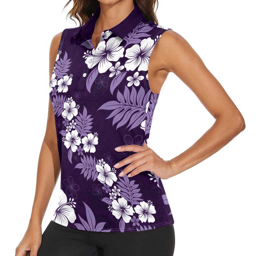 Hawaiian Hibiscus Tribal Floral Purple Women Sleeveless Polo Shirt Polynesian Tapa Pattern LT01 - Polynesian Pride