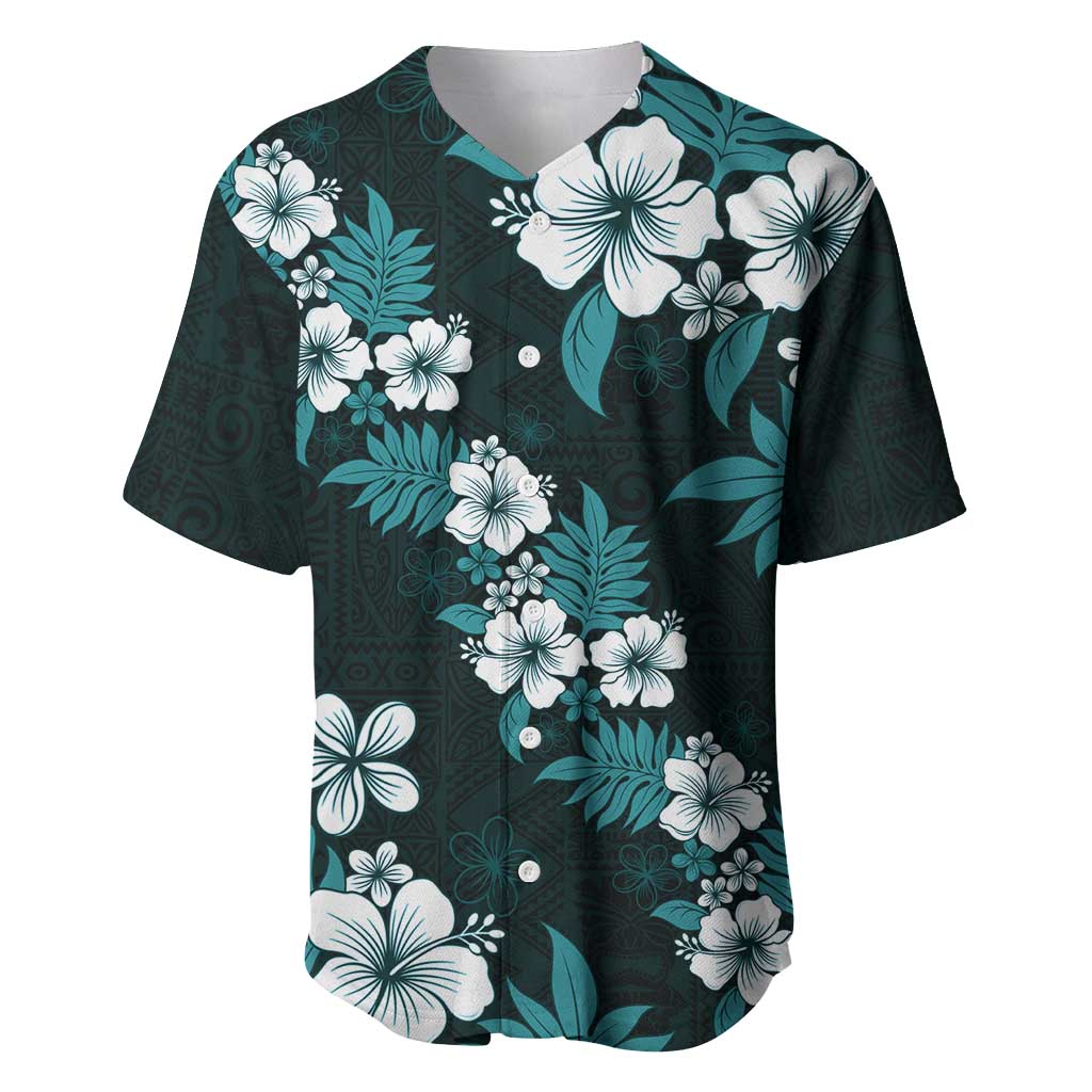 Hawaiian Hibiscus Tribal Floral Teal Baseball Jersey Polynesian Tapa Pattern - Polynesian Pride