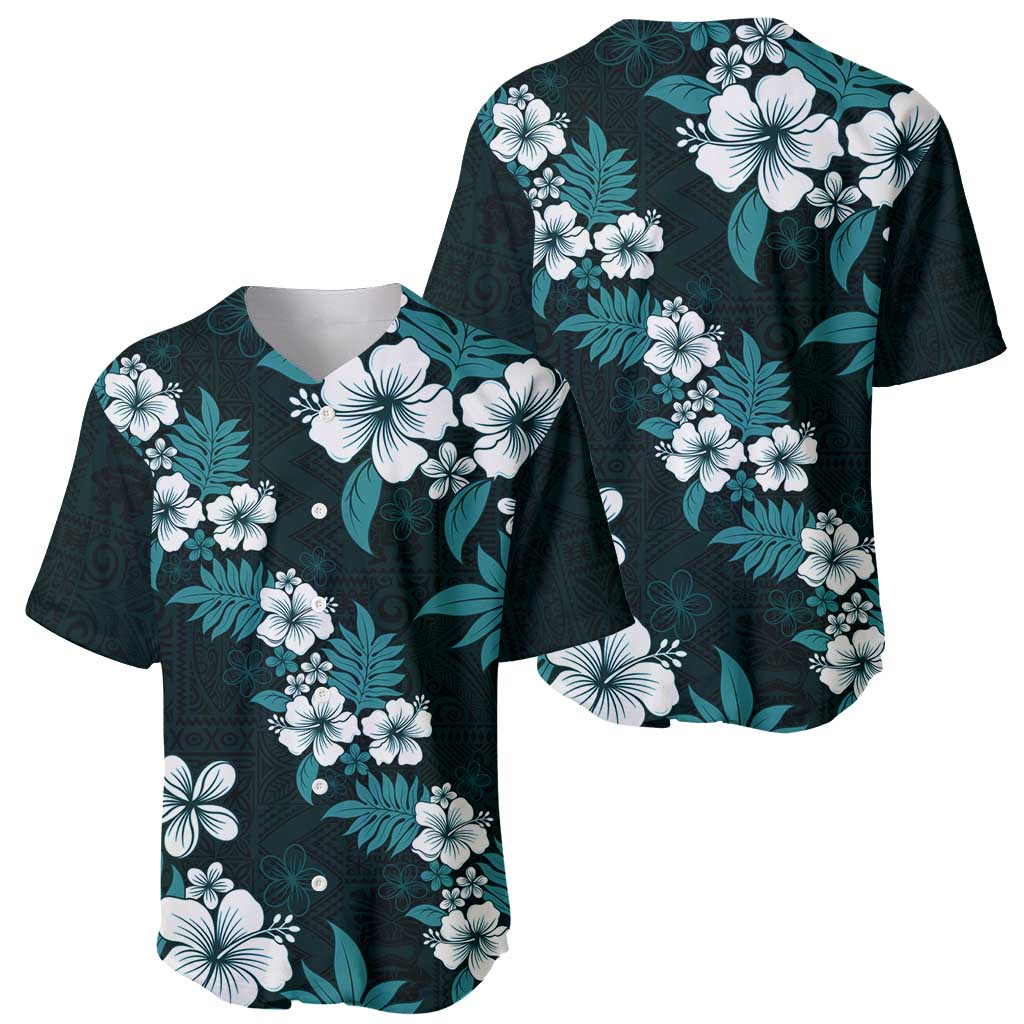 Hawaiian Hibiscus Tribal Floral Teal Baseball Jersey Polynesian Tapa Pattern - Polynesian Pride
