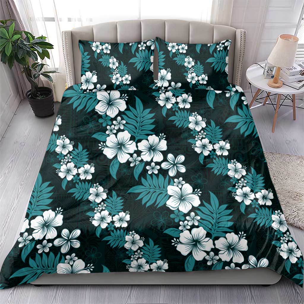 Hawaiian Hibiscus Tribal Floral Teal Bedding Set Polynesian Tapa Pattern - Polynesian Pride