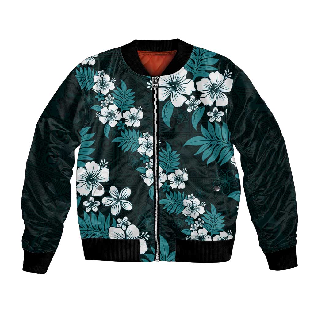 Hawaiian Hibiscus Tribal Floral Teal Bomber Jacket Polynesian Tapa Pattern - Polynesian Pride