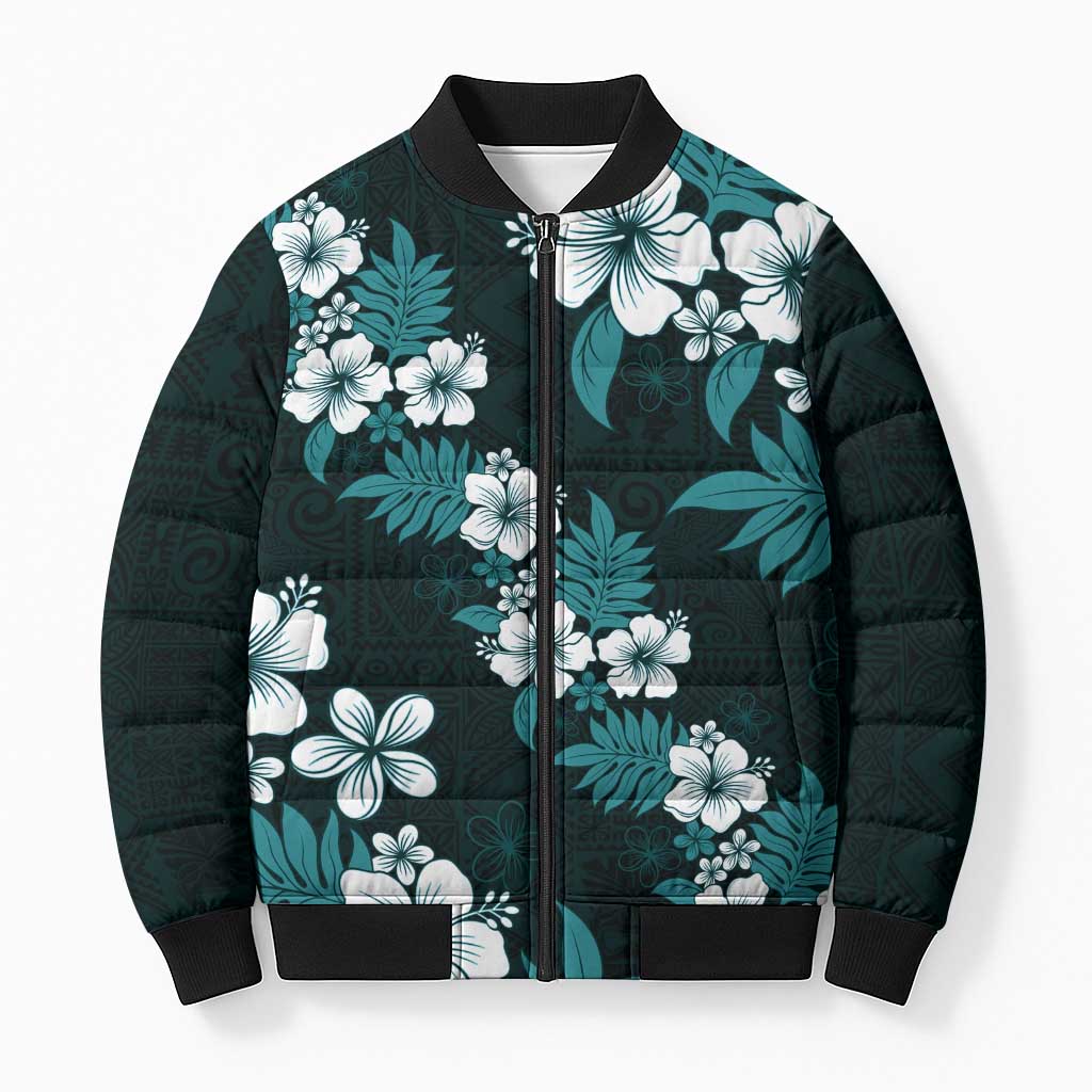 Hawaiian Hibiscus Tribal Floral Teal Bomber Puffer Jacket Polynesian Tapa Pattern - Polynesian Pride