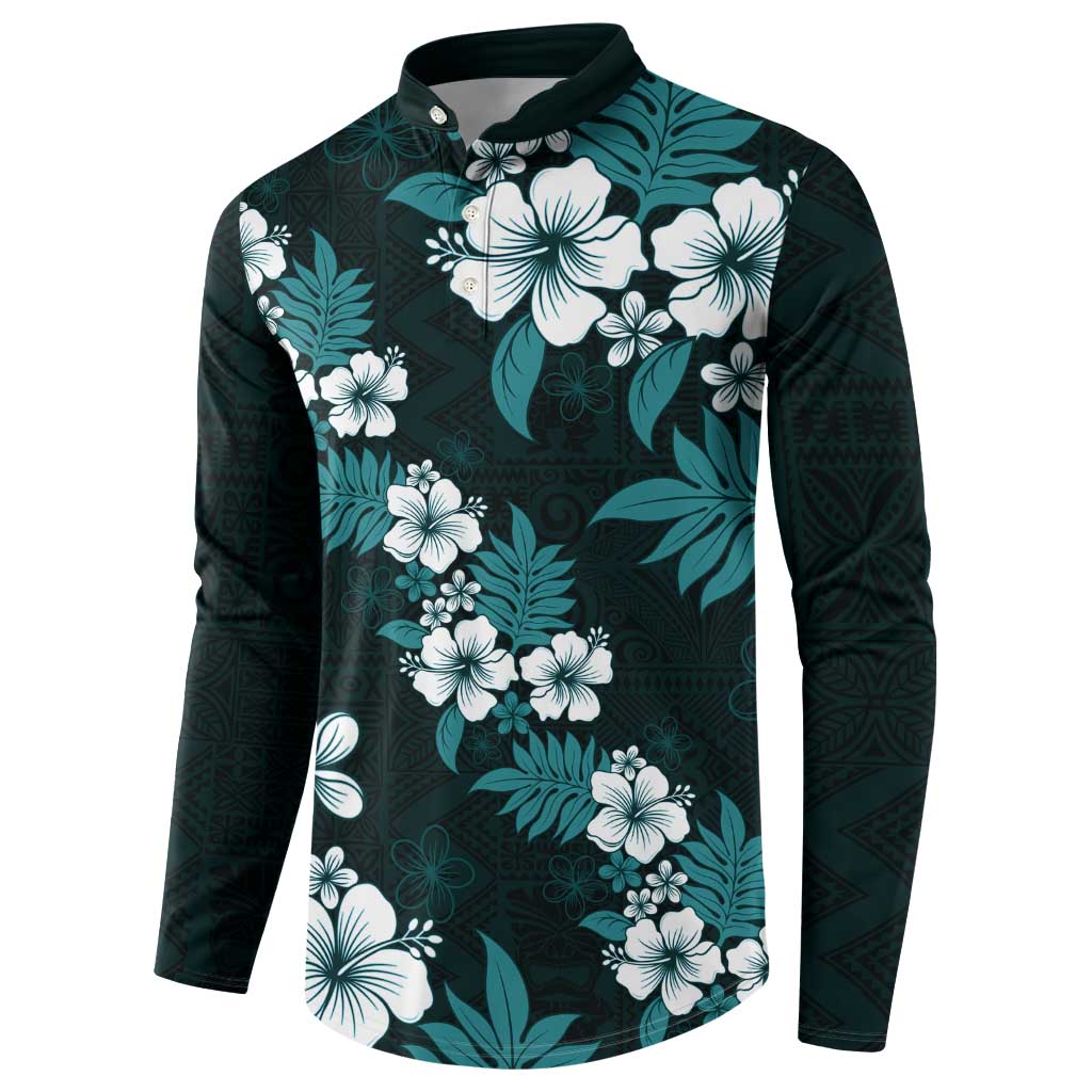 Hawaiian Hibiscus Tribal Floral Teal Button Sweatshirt Polynesian Tapa Pattern LT01 - Polynesian Pride