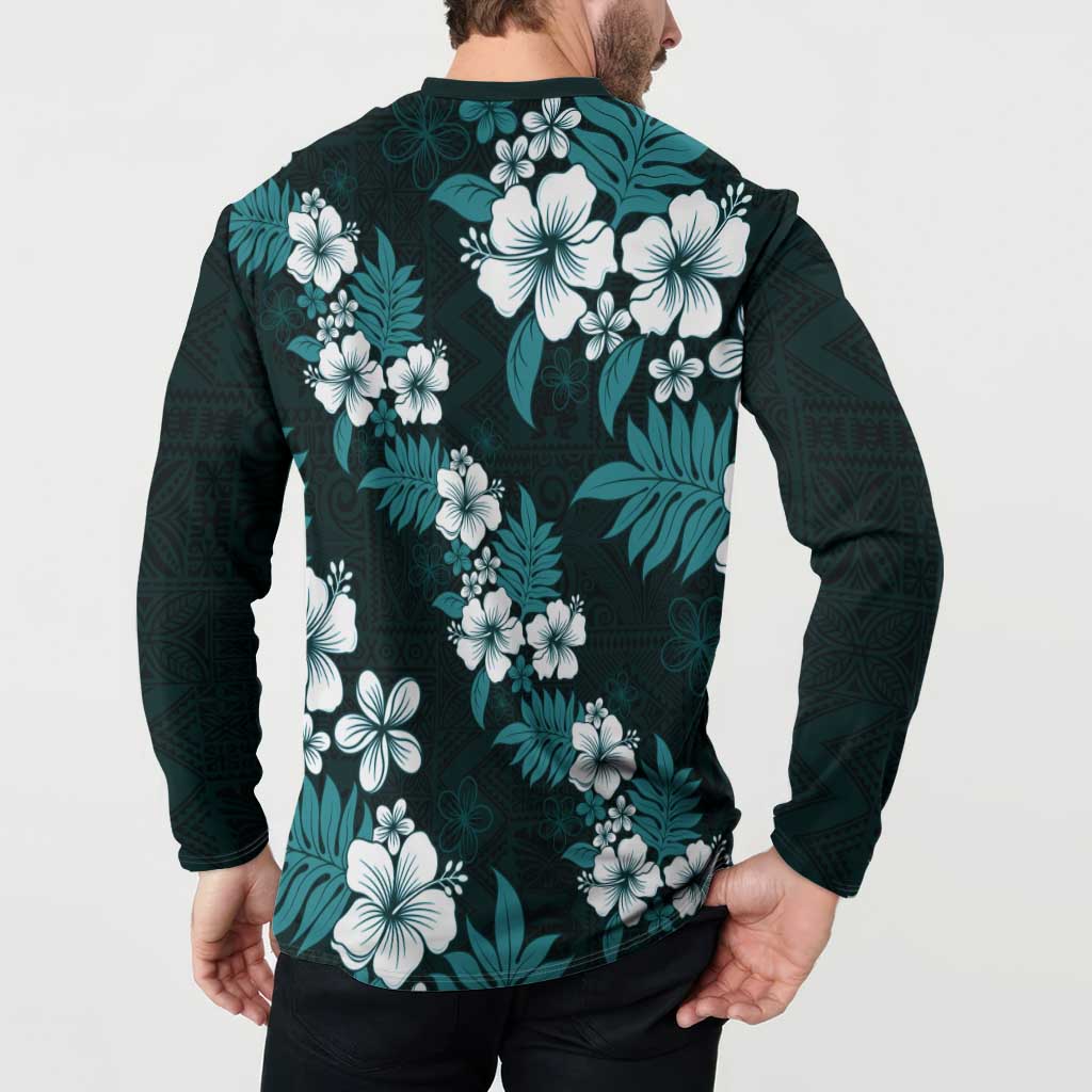 Hawaiian Hibiscus Tribal Floral Teal Button Sweatshirt Polynesian Tapa Pattern LT01 - Polynesian Pride