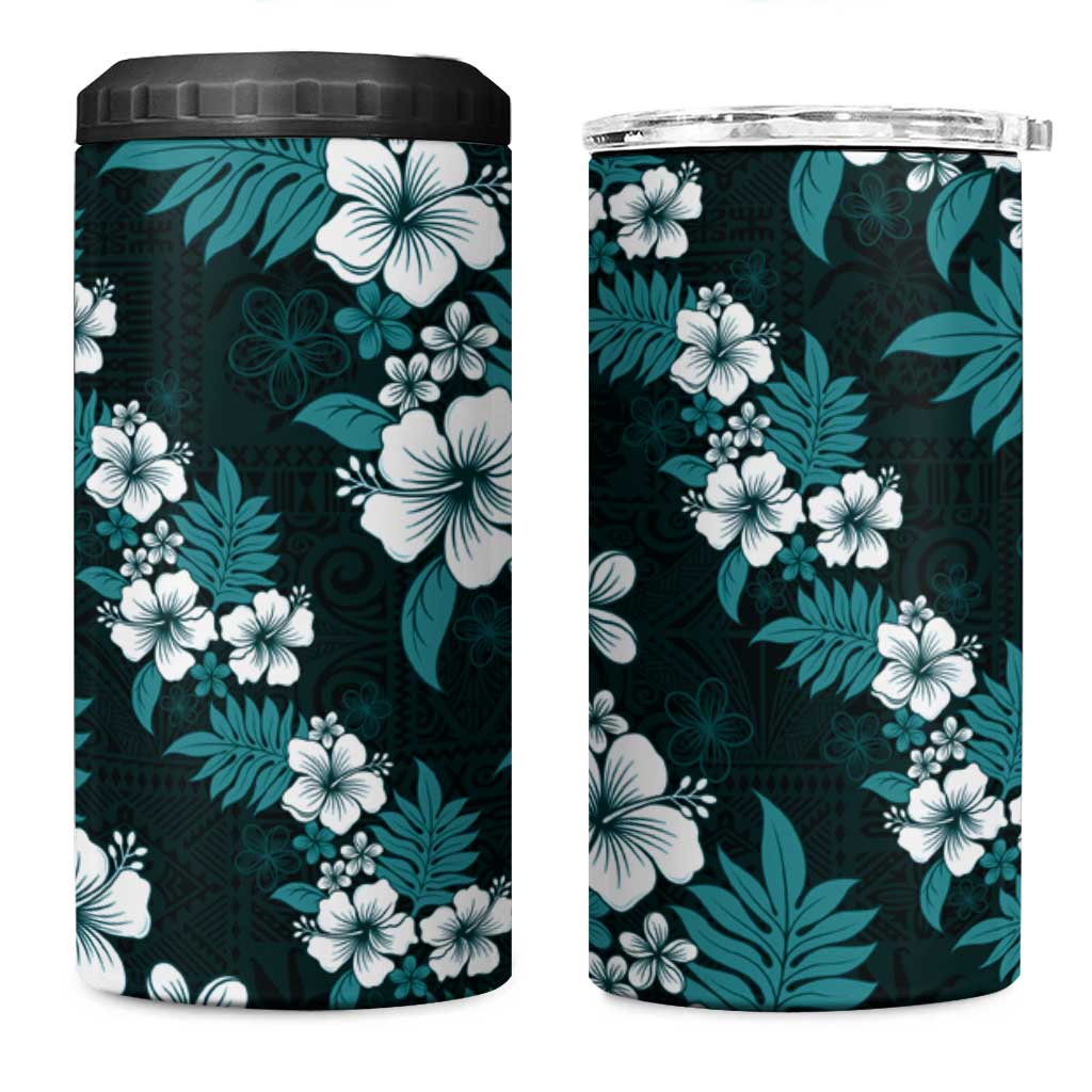 Hawaiian Hibiscus Tribal Floral Teal 4 in 1 Can Cooler Tumbler Polynesian Tapa Pattern - Polynesian Pride