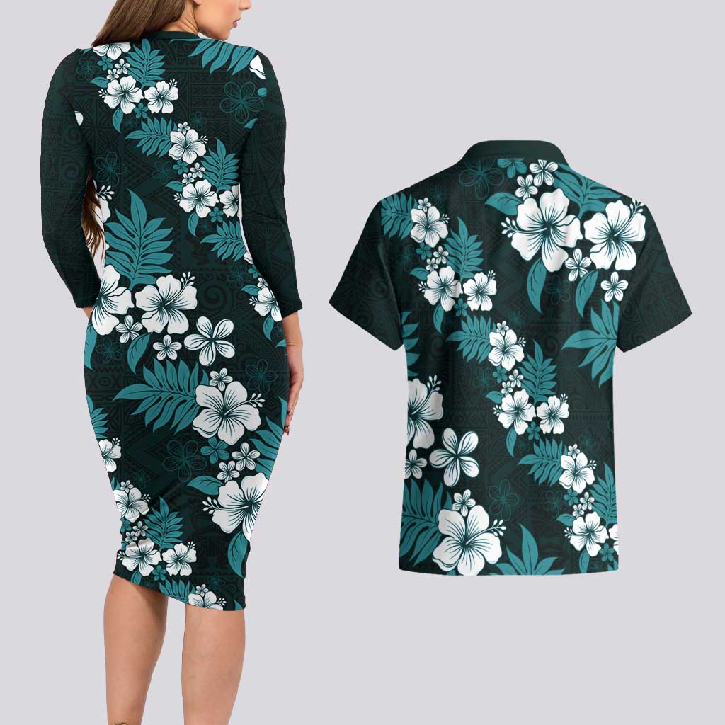 Hawaiian Hibiscus Tribal Floral Teal Couples Matching Long Sleeve Bodycon Dress and Hawaiian Shirt Polynesian Tapa Pattern - Polynesian Pride