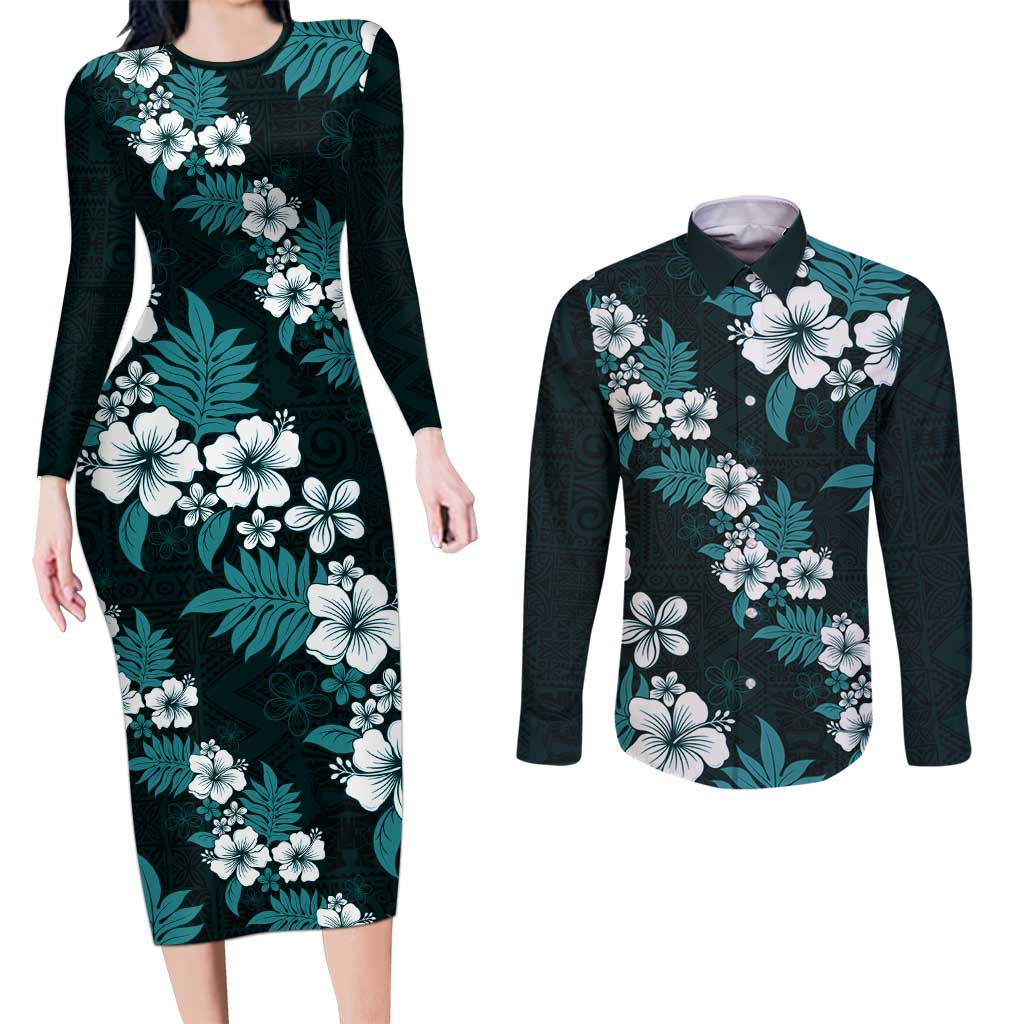 Hawaiian Hibiscus Tribal Floral Teal Couples Matching Long Sleeve Bodycon Dress and Long Sleeve Button Shirt Polynesian Tapa Pattern - Polynesian Pride