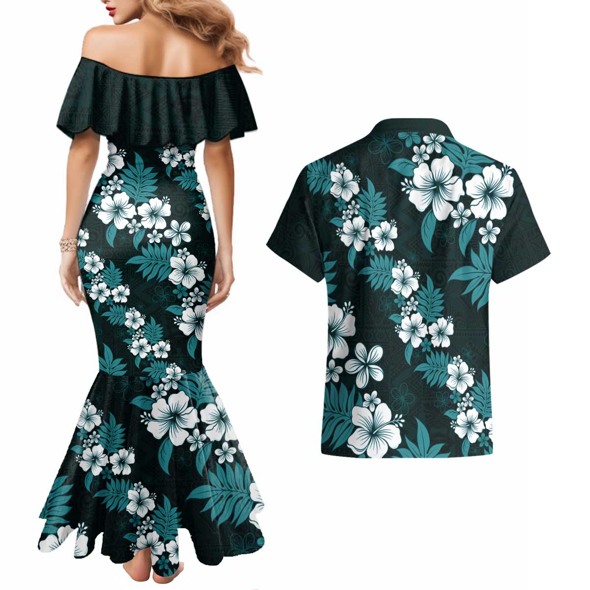 Hawaiian Hibiscus Tribal Floral Teal Couples Matching Mermaid Dress and Hawaiian Shirt Polynesian Tapa Pattern - Polynesian Pride