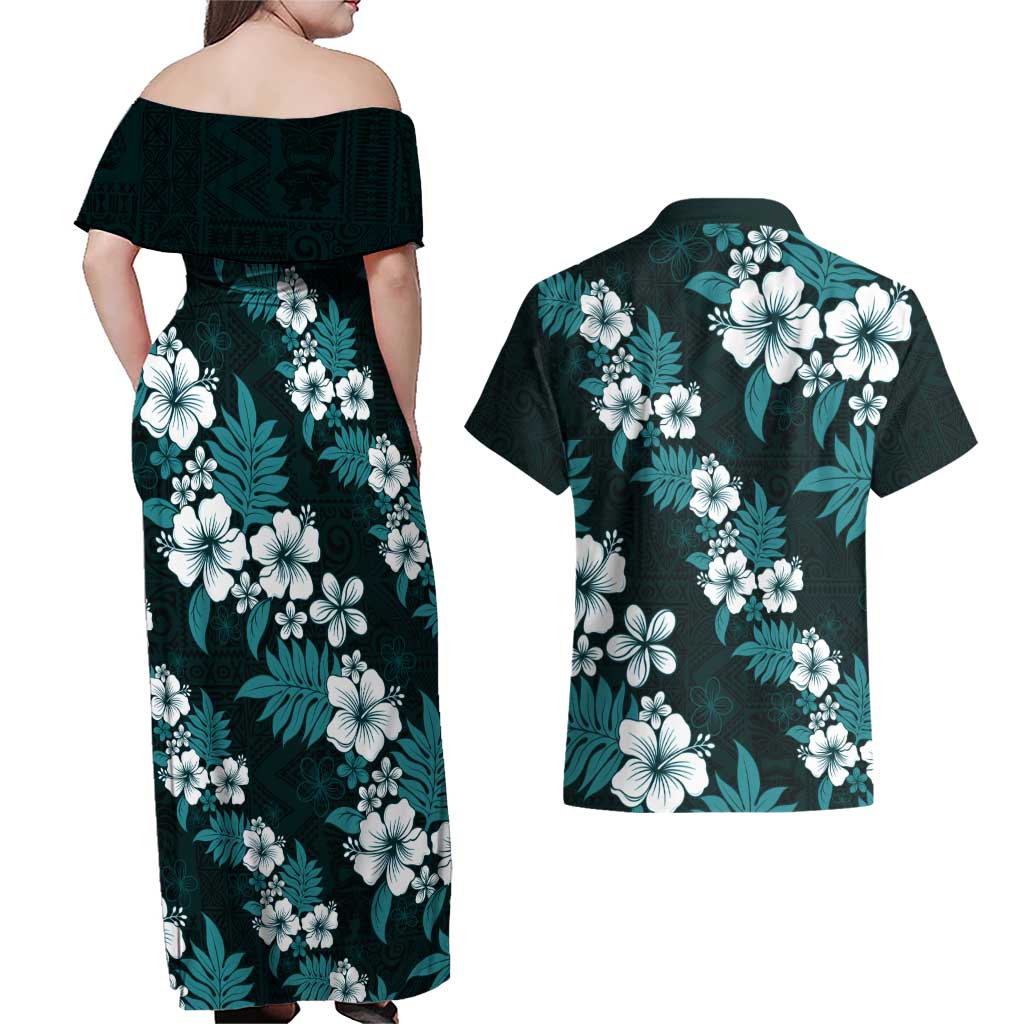 Hawaiian Hibiscus Tribal Floral Teal Couples Matching Off Shoulder Maxi Dress and Hawaiian Shirt Polynesian Tapa Pattern - Polynesian Pride