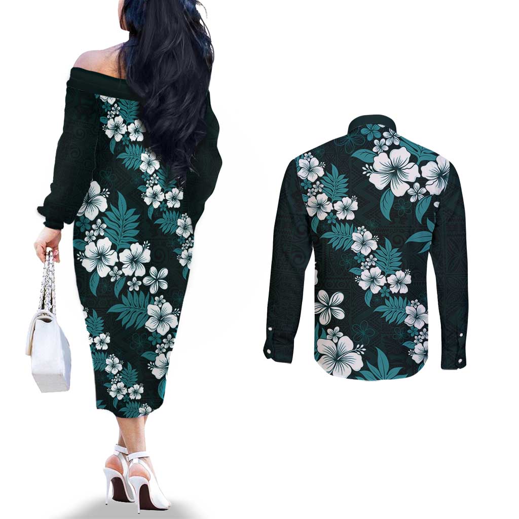 Hawaiian Hibiscus Tribal Floral Teal Couples Matching Off The Shoulder Long Sleeve Dress and Long Sleeve Button Shirt Polynesian Tapa Pattern - Polynesian Pride