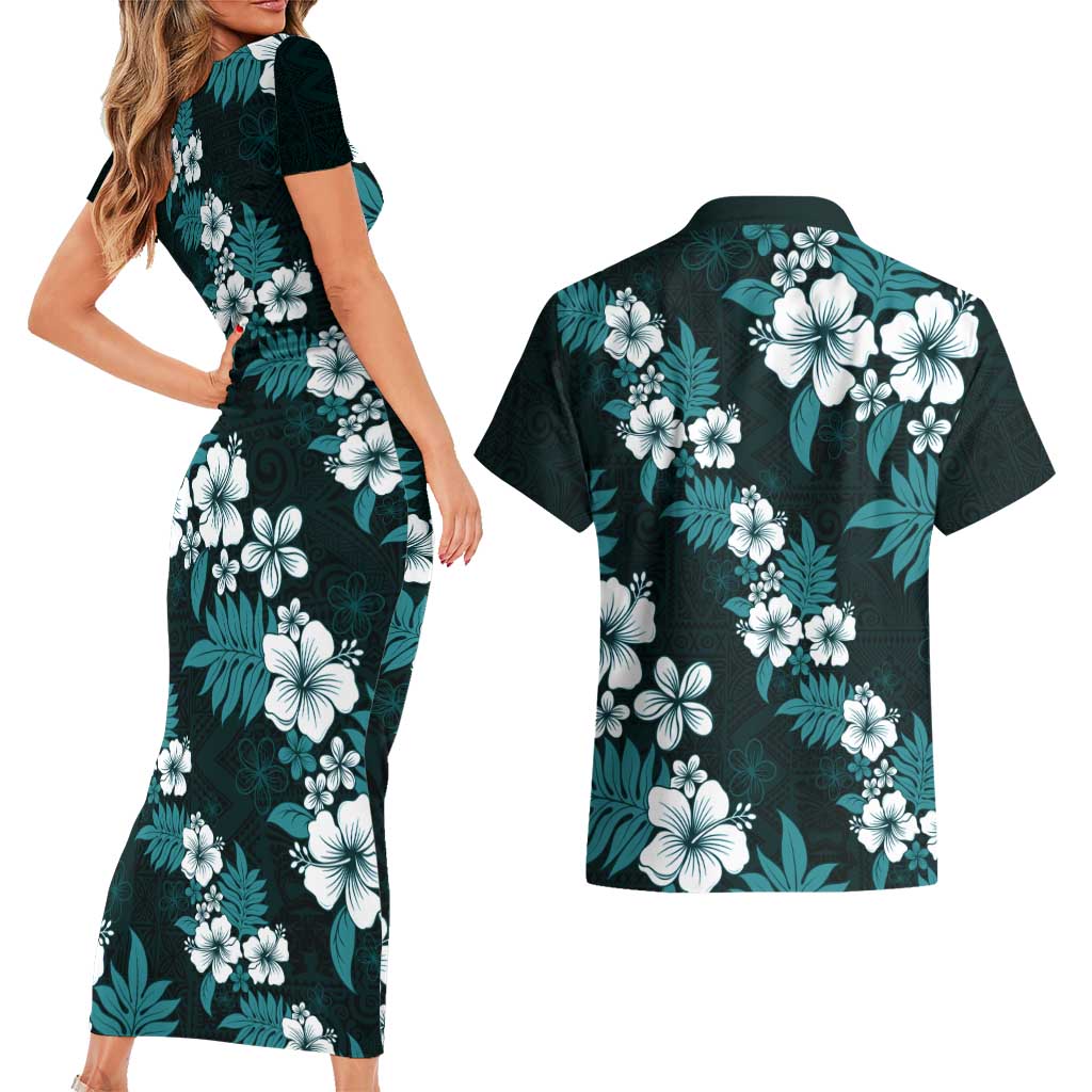 Hawaiian Hibiscus Tribal Floral Teal Couples Matching Short Sleeve Bodycon Dress and Hawaiian Shirt Polynesian Tapa Pattern - Polynesian Pride