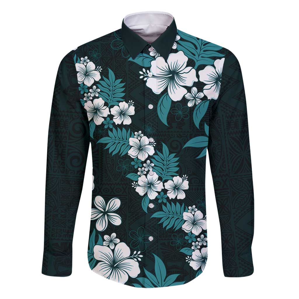 Hawaiian Hibiscus Tribal Floral Teal Family Matching Off Shoulder Short Dress and Hawaiian Shirt Polynesian Tapa Pattern LT01 Dad's Shirt - Long Sleeve Teal - Polynesian Pride