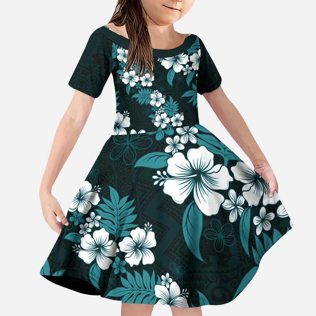 Hawaiian Hibiscus Tribal Floral Teal Family Matching Puletasi and Hawaiian Shirt Polynesian Tapa Pattern LT01 Daughter's Dress Teal - Polynesian Pride