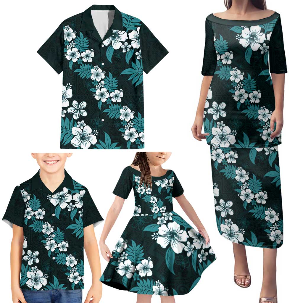Hawaiian Hibiscus Tribal Floral Teal Family Matching Puletasi and Hawaiian Shirt Polynesian Tapa Pattern LT01 - Polynesian Pride