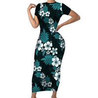 Hawaiian Hibiscus Tribal Floral Teal Family Matching Short Sleeve Bodycon Dress and Hawaiian Shirt Polynesian Tapa Pattern LT01 Mom's Dress Teal - Polynesian Pride