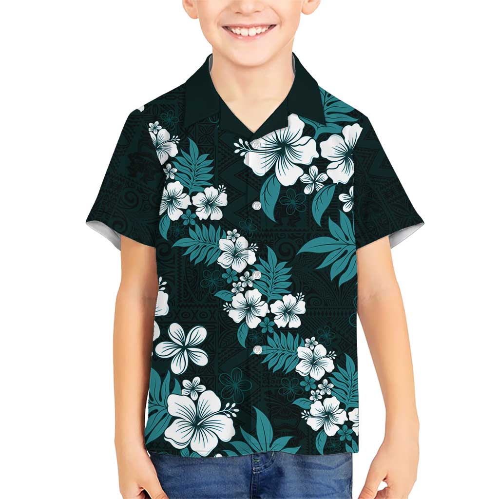 Hawaiian Hibiscus Tribal Floral Teal Family Matching Short Sleeve Bodycon Dress and Hawaiian Shirt Polynesian Tapa Pattern LT01 Son's Shirt Teal - Polynesian Pride