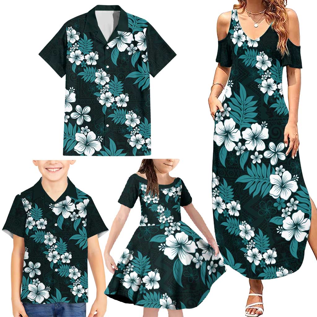 Hawaiian Hibiscus Tribal Floral Teal Family Matching Summer Maxi Dress and Hawaiian Shirt Polynesian Tapa Pattern LT01 - Polynesian Pride