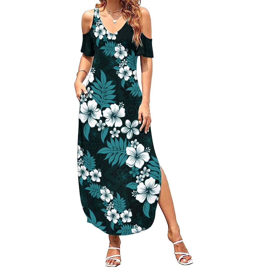 Hawaiian Hibiscus Tribal Floral Teal Family Matching Summer Maxi Dress and Hawaiian Shirt Polynesian Tapa Pattern LT01 Mom's Dress Teal - Polynesian Pride