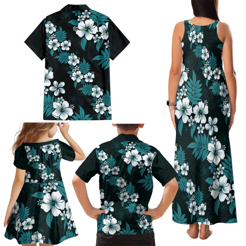 Hawaiian Hibiscus Tribal Floral Teal Family Matching Tank Maxi Dress and Hawaiian Shirt Polynesian Tapa Pattern LT01 - Polynesian Pride