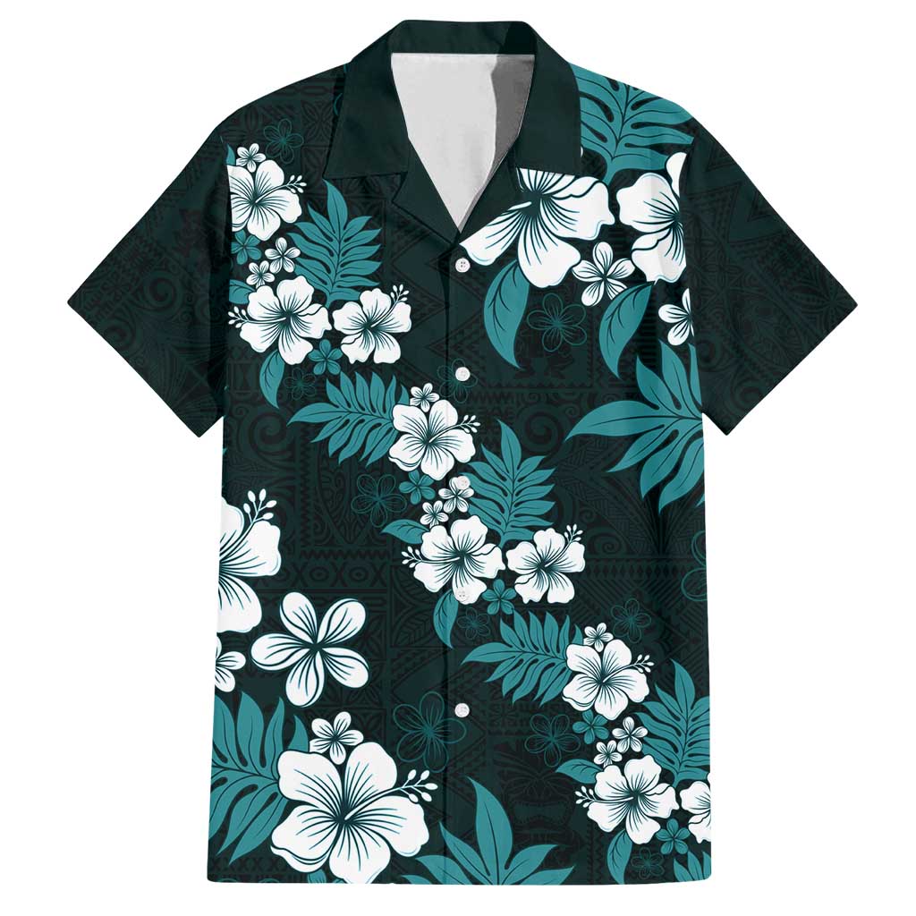 Hawaiian Hibiscus Tribal Floral Teal Family Matching Tank Maxi Dress and Hawaiian Shirt Polynesian Tapa Pattern LT01 Dad's Shirt - Short Sleeve Teal - Polynesian Pride