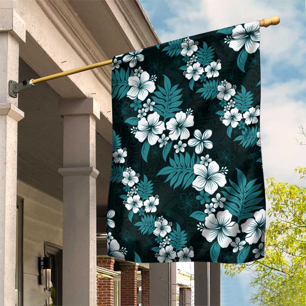 Hawaiian Hibiscus Tribal Floral Teal Garden Flag Polynesian Tapa Pattern - Polynesian Pride