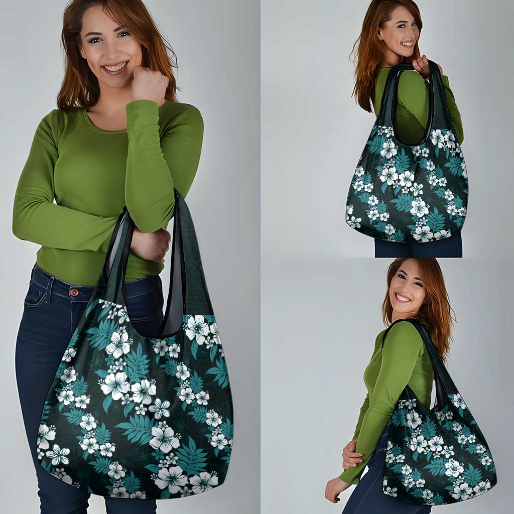 Hawaiian Hibiscus Tribal Floral Teal Grocery Bag Polynesian Tapa Pattern LT01 - Polynesian Pride