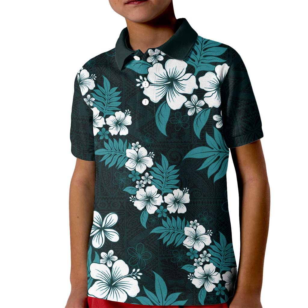 Hawaiian Hibiscus Tribal Floral Teal Kid Polo Shirt Polynesian Tapa Pattern - Polynesian Pride