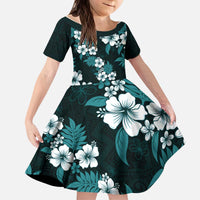 Hawaiian Hibiscus Tribal Floral Teal Kid Short Sleeve Dress Polynesian Tapa Pattern - Polynesian Pride