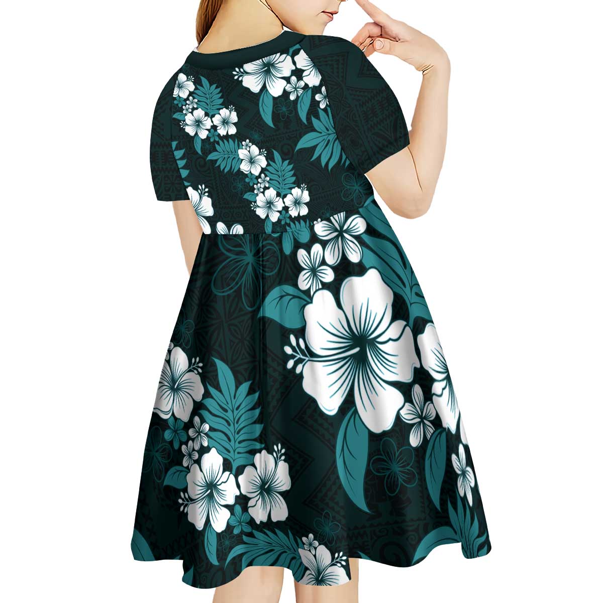 Hawaiian Hibiscus Tribal Floral Teal Kid Short Sleeve Dress Polynesian Tapa Pattern - Polynesian Pride
