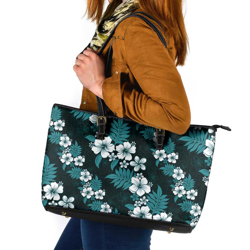 Hawaiian Hibiscus Tribal Floral Teal Leather Tote Bag Polynesian Tapa Pattern - Polynesian Pride