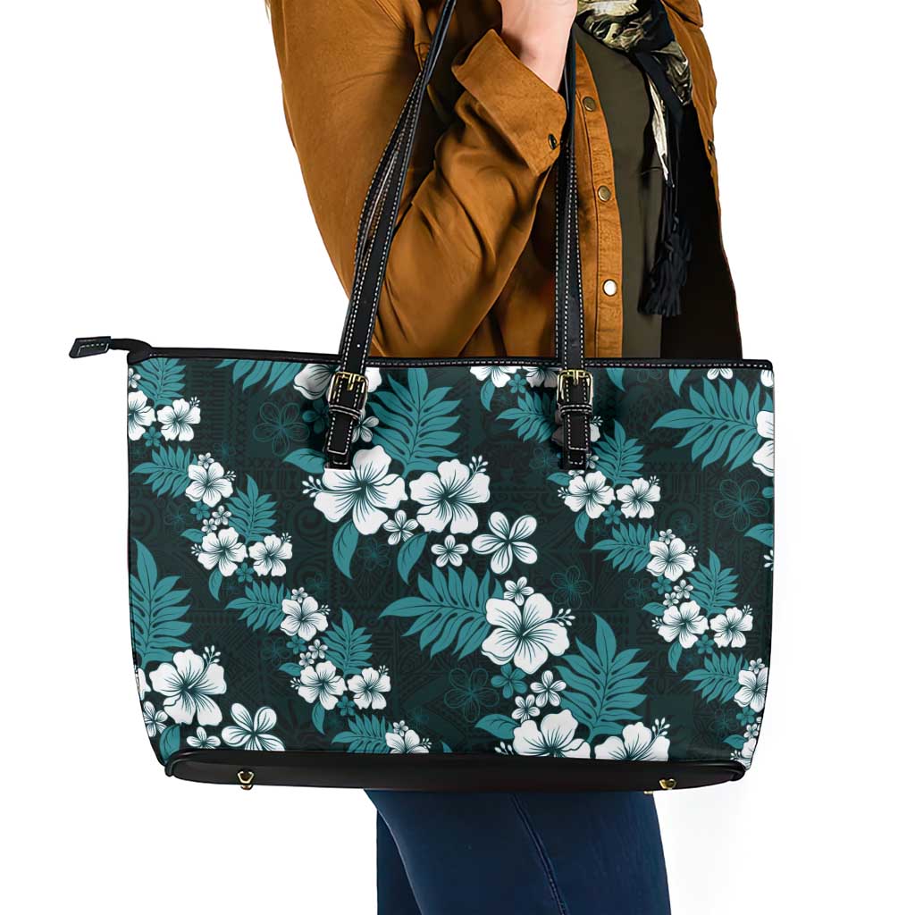 Hawaiian Hibiscus Tribal Floral Teal Leather Tote Bag Polynesian Tapa Pattern - Polynesian Pride