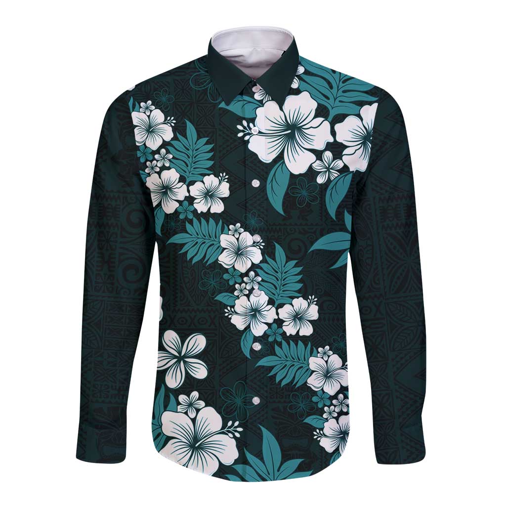 Hawaiian Hibiscus Tribal Floral Teal Long Sleeve Button Shirt Polynesian Tapa Pattern LT01 Unisex Teal - Polynesian Pride