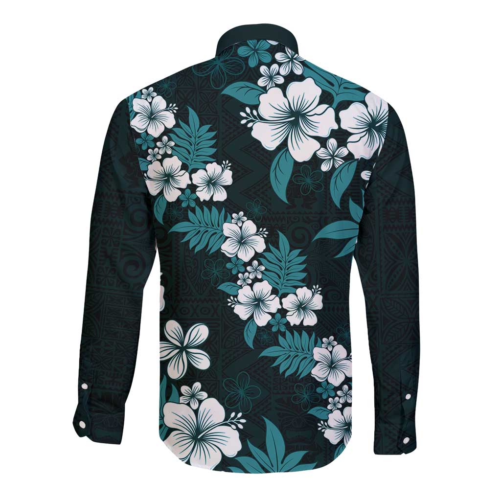 Hawaiian Hibiscus Tribal Floral Teal Long Sleeve Button Shirt Polynesian Tapa Pattern LT01 - Polynesian Pride