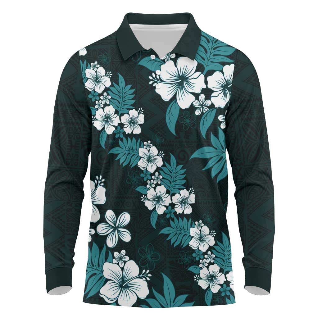 Hawaiian Hibiscus Tribal Floral Teal Long Sleeve Polo Shirt Polynesian Tapa Pattern LT01 Teal - Polynesian Pride