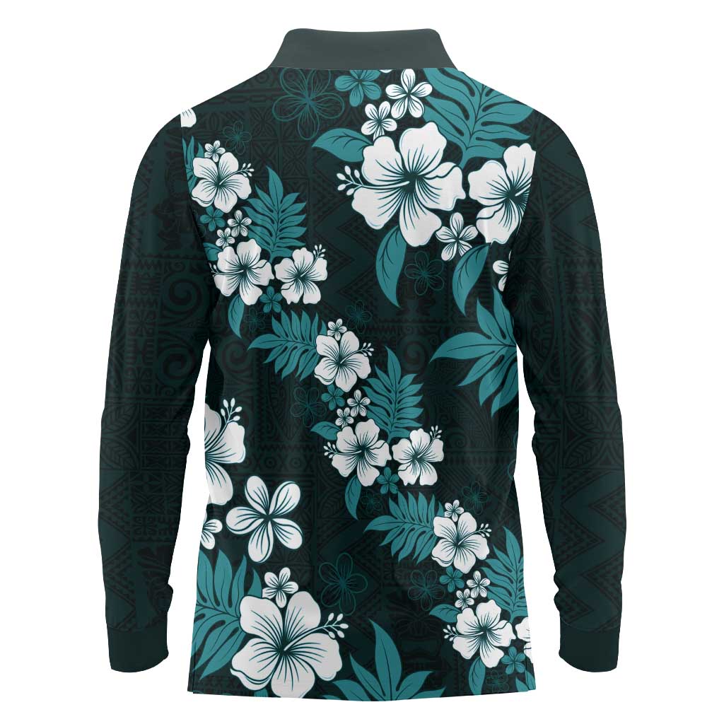 Hawaiian Hibiscus Tribal Floral Teal Long Sleeve Polo Shirt Polynesian Tapa Pattern LT01 - Polynesian Pride